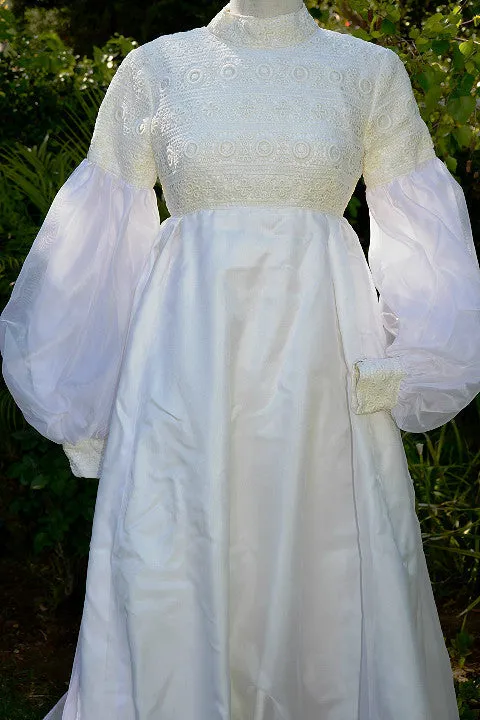 SOLD Vintage 60s White Lace Wedding Gown, Juliette Sleeve Long Detachable Train,Empire Waist XS/S