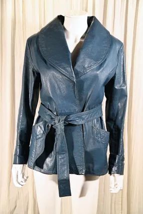 SOLD Vintage 60s/70s Blue Leather Jacket, Mod Belted Jacket M