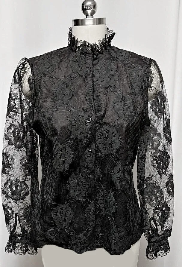 *SOPHISTICATED FANCY VINTAGE '60s JUDY BOND FANCY BLACK FLORAL LACE BLOUSE