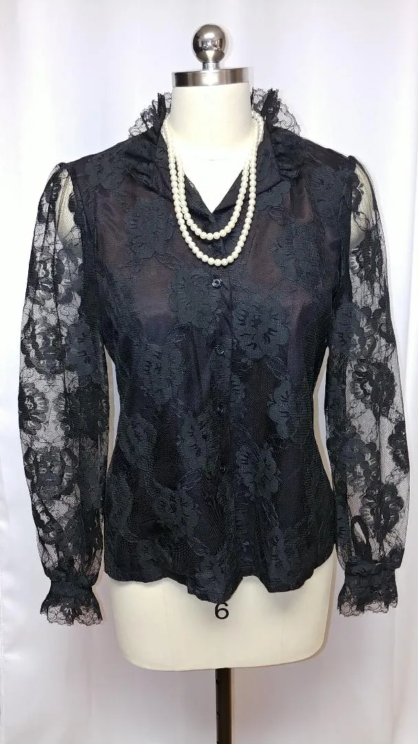 *SOPHISTICATED FANCY VINTAGE '60s JUDY BOND FANCY BLACK FLORAL LACE BLOUSE