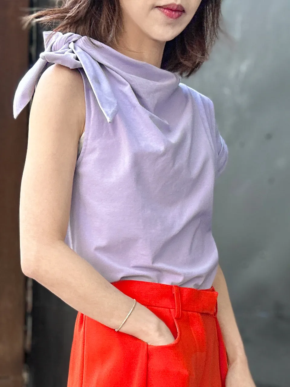 Spring Purple Asymmetric Tie Knot Detail Boat Neck Tee