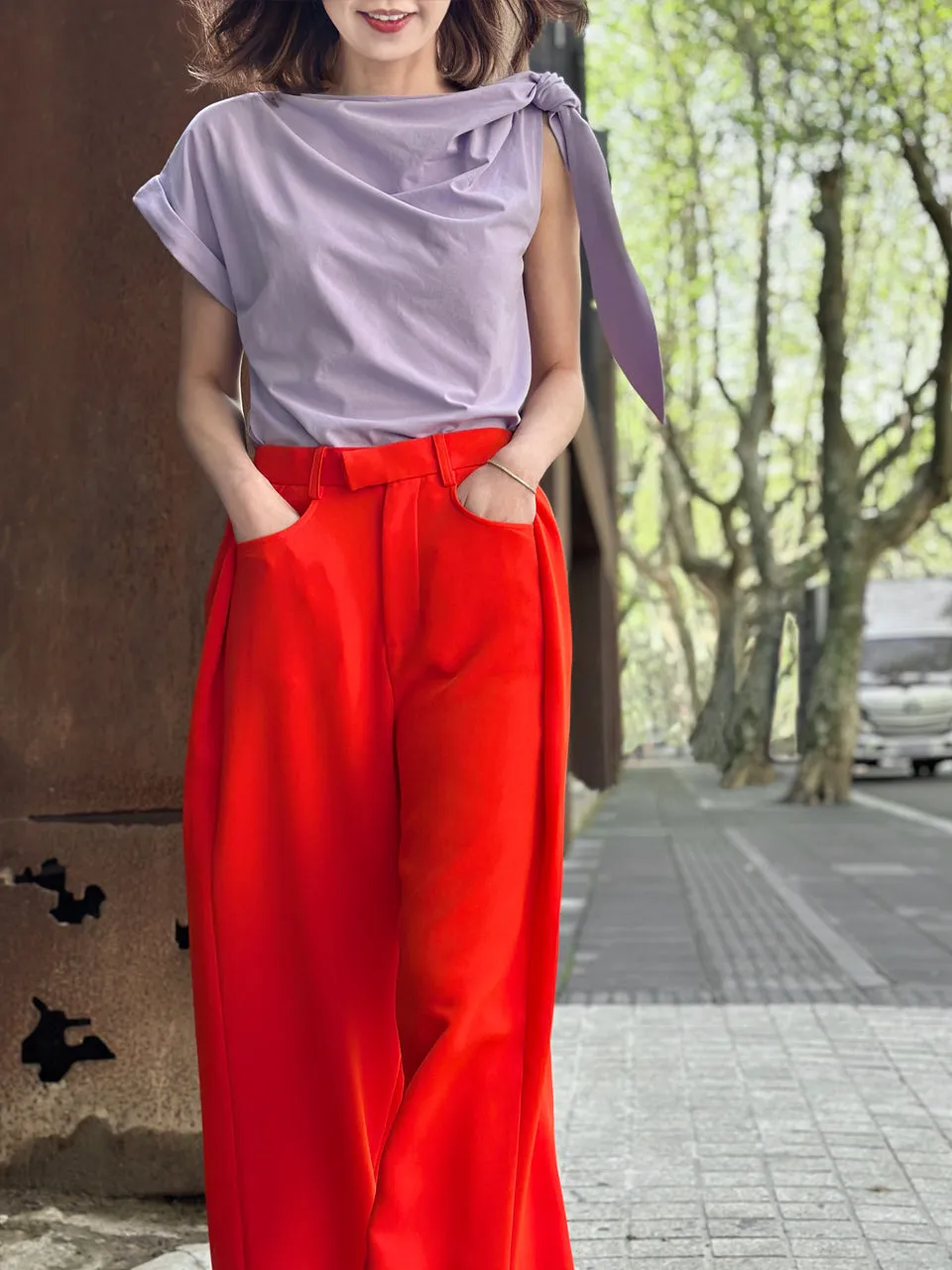 Spring Purple Asymmetric Tie Knot Detail Boat Neck Tee