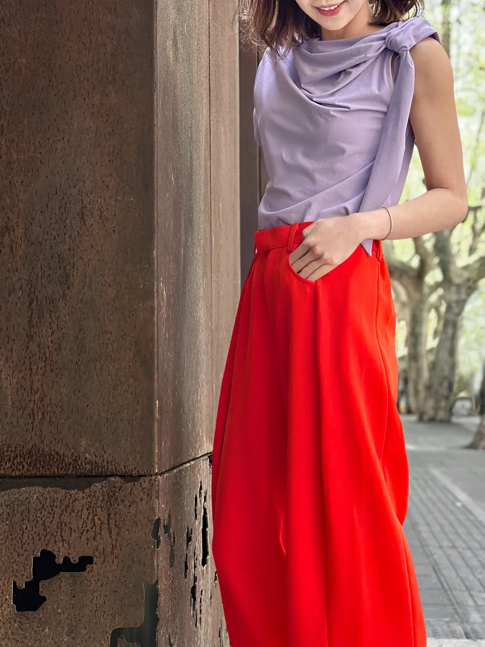 Spring Purple Asymmetric Tie Knot Detail Boat Neck Tee