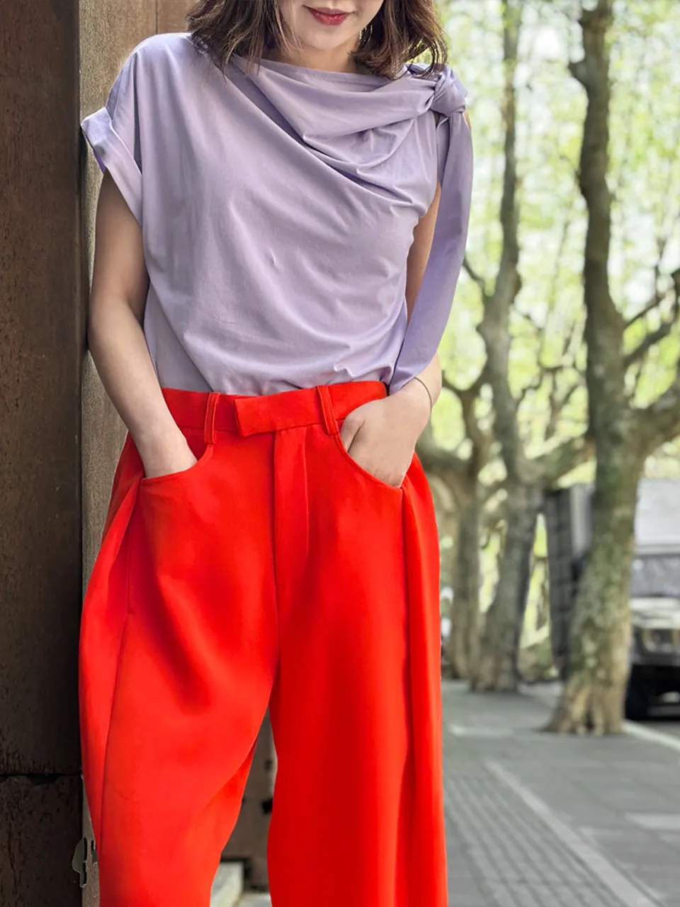 Spring Purple Asymmetric Tie Knot Detail Boat Neck Tee