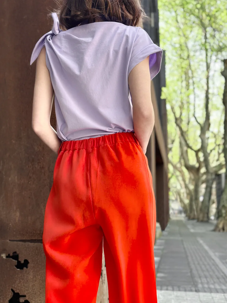 Spring Purple Asymmetric Tie Knot Detail Boat Neck Tee