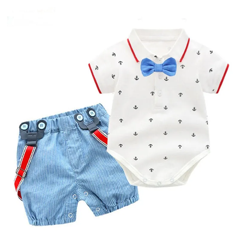 Stylish Summer Baby Boy Outfit (Shirt   Bow   Shorts   Suspenders)