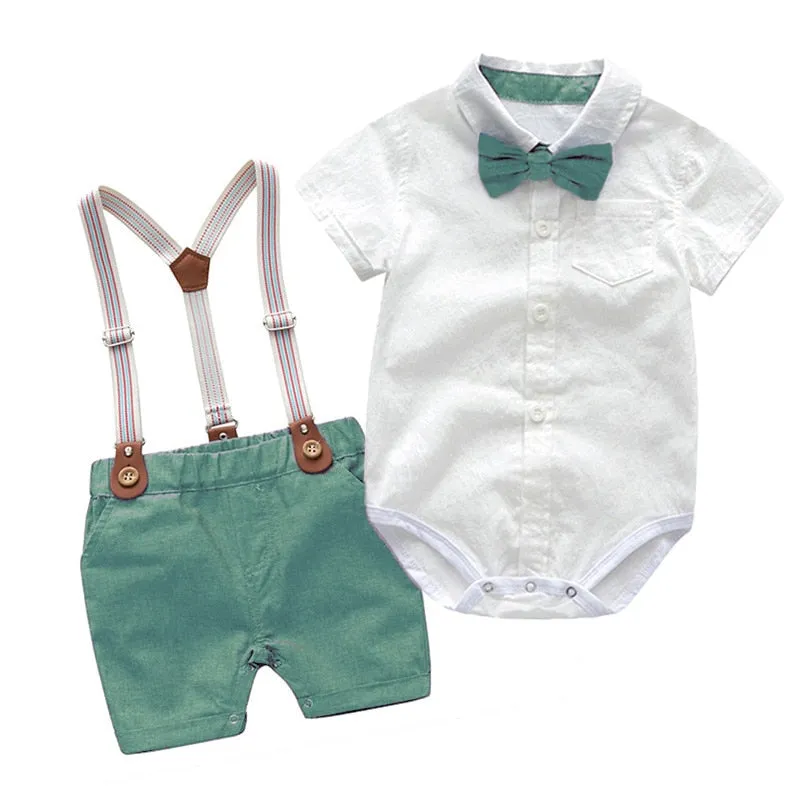 Stylish Summer Baby Boy Outfit (Shirt   Bow   Shorts   Suspenders)