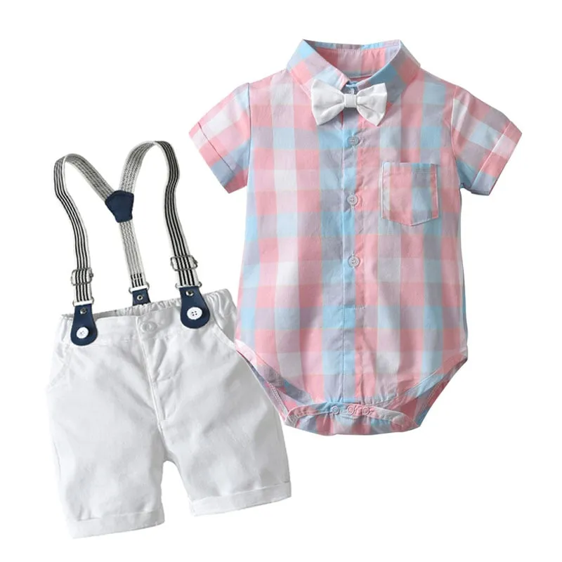 Stylish Summer Baby Boy Outfit (Shirt   Bow   Shorts   Suspenders)