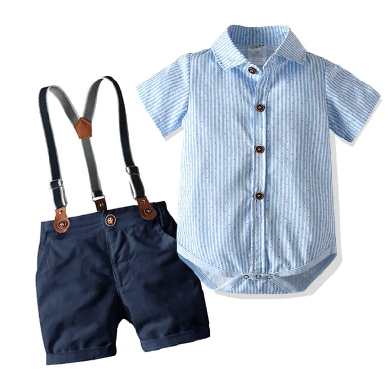 Stylish Summer Baby Boy Outfit (Shirt   Bow   Shorts   Suspenders)