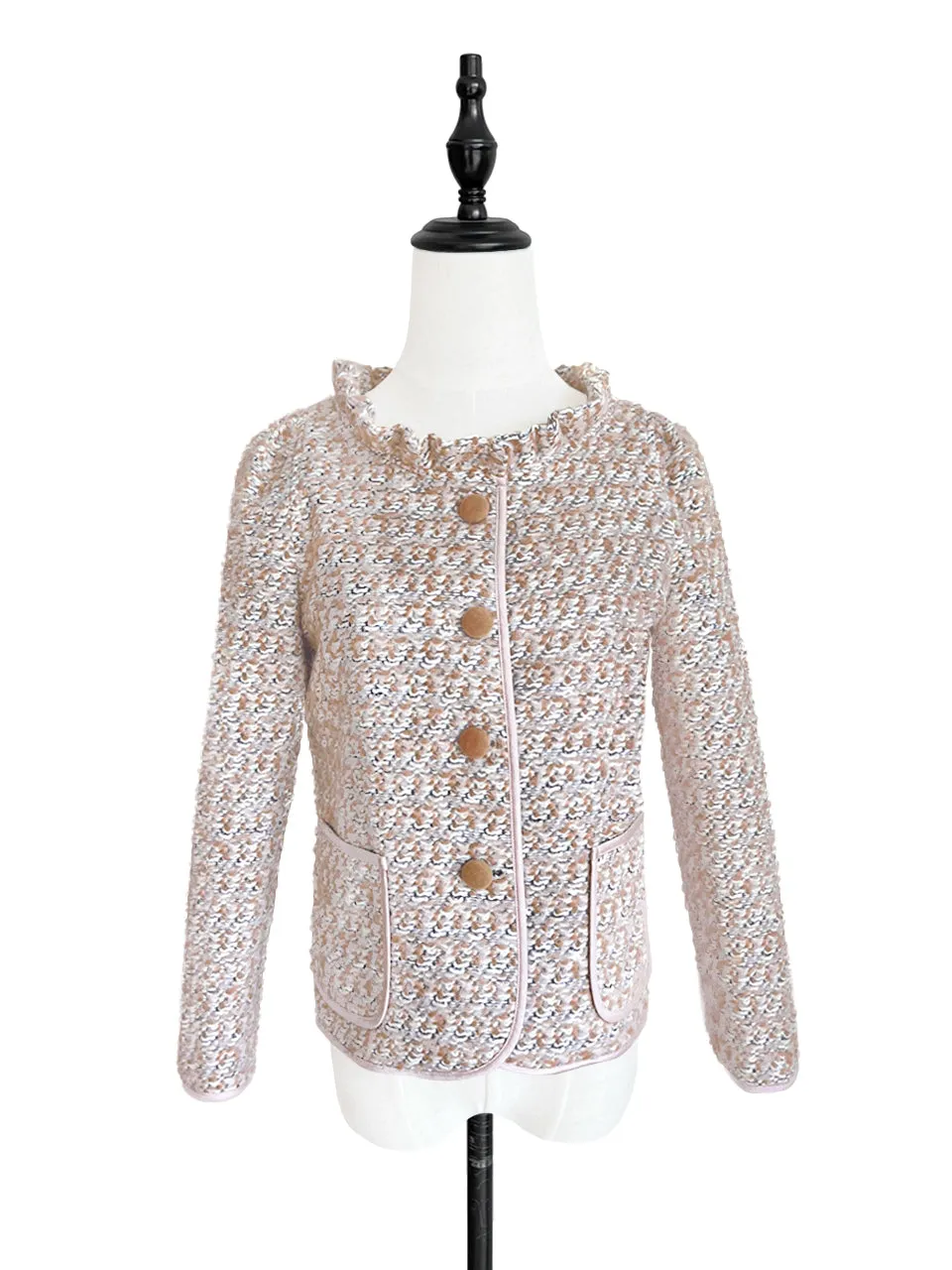 Surprise Sale! Peach Pink Ruffle Neckline Knitted Woollen Jacket