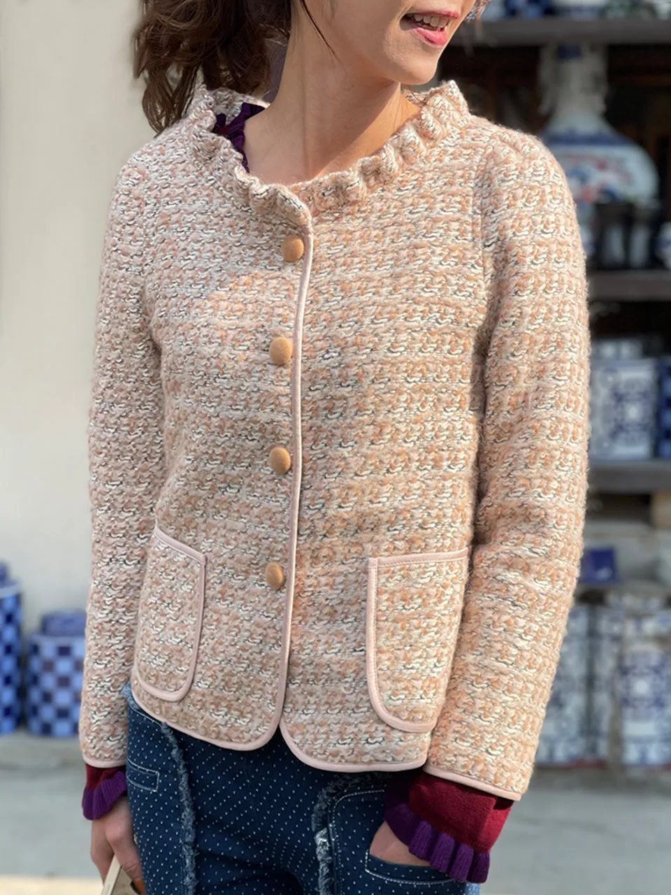 Surprise Sale! Peach Pink Ruffle Neckline Knitted Woollen Jacket