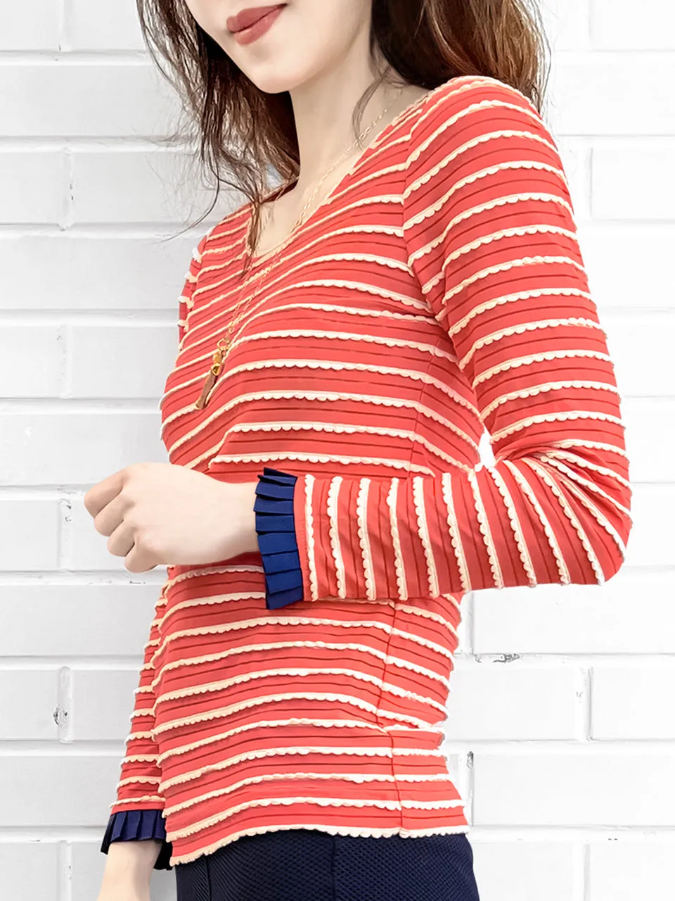 Surprise Sale! Red Orange Scalloped Stripes Contrast Ruffle Cuff Knit Top