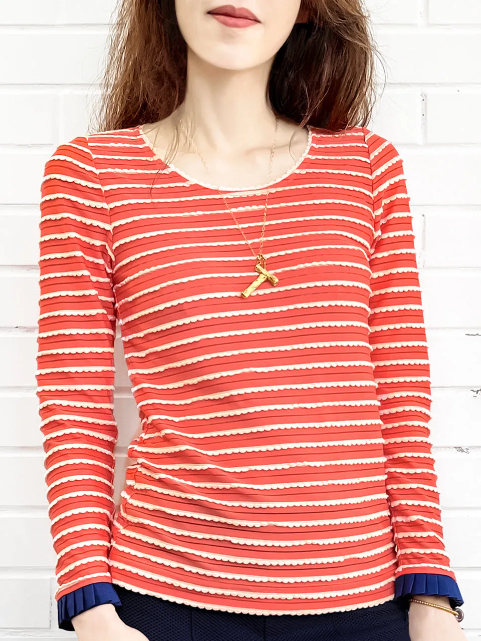 Surprise Sale! Red Orange Scalloped Stripes Contrast Ruffle Cuff Knit Top