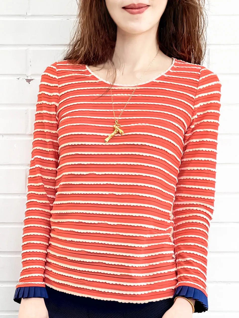 Surprise Sale! Red Orange Scalloped Stripes Contrast Ruffle Cuff Knit Top