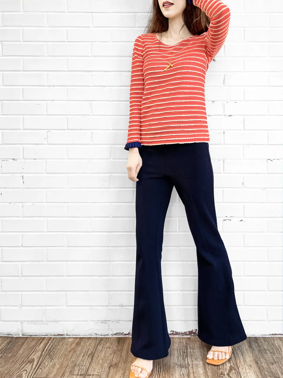 Surprise Sale! Red Orange Scalloped Stripes Contrast Ruffle Cuff Knit Top