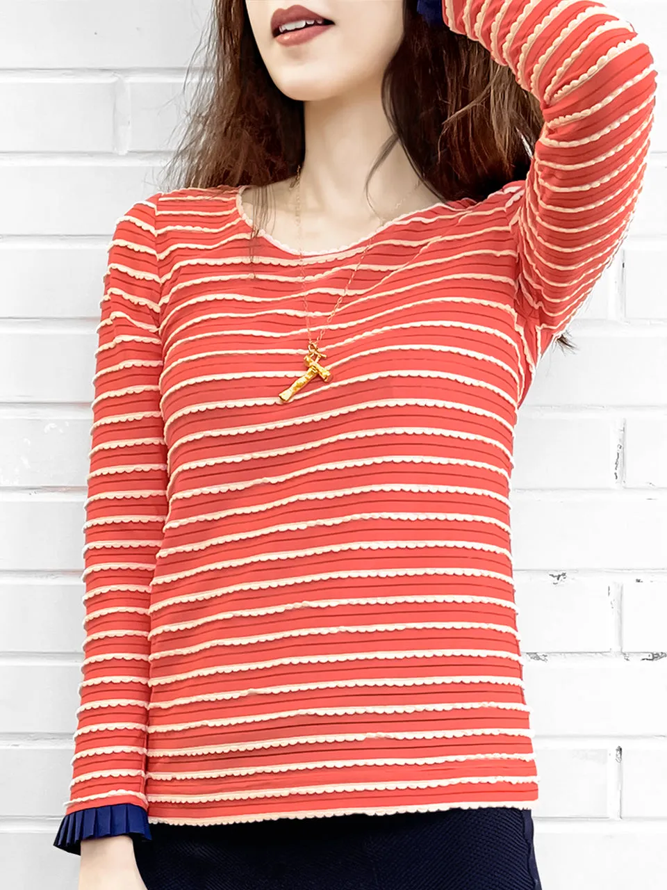 Surprise Sale! Red Orange Scalloped Stripes Contrast Ruffle Cuff Knit Top