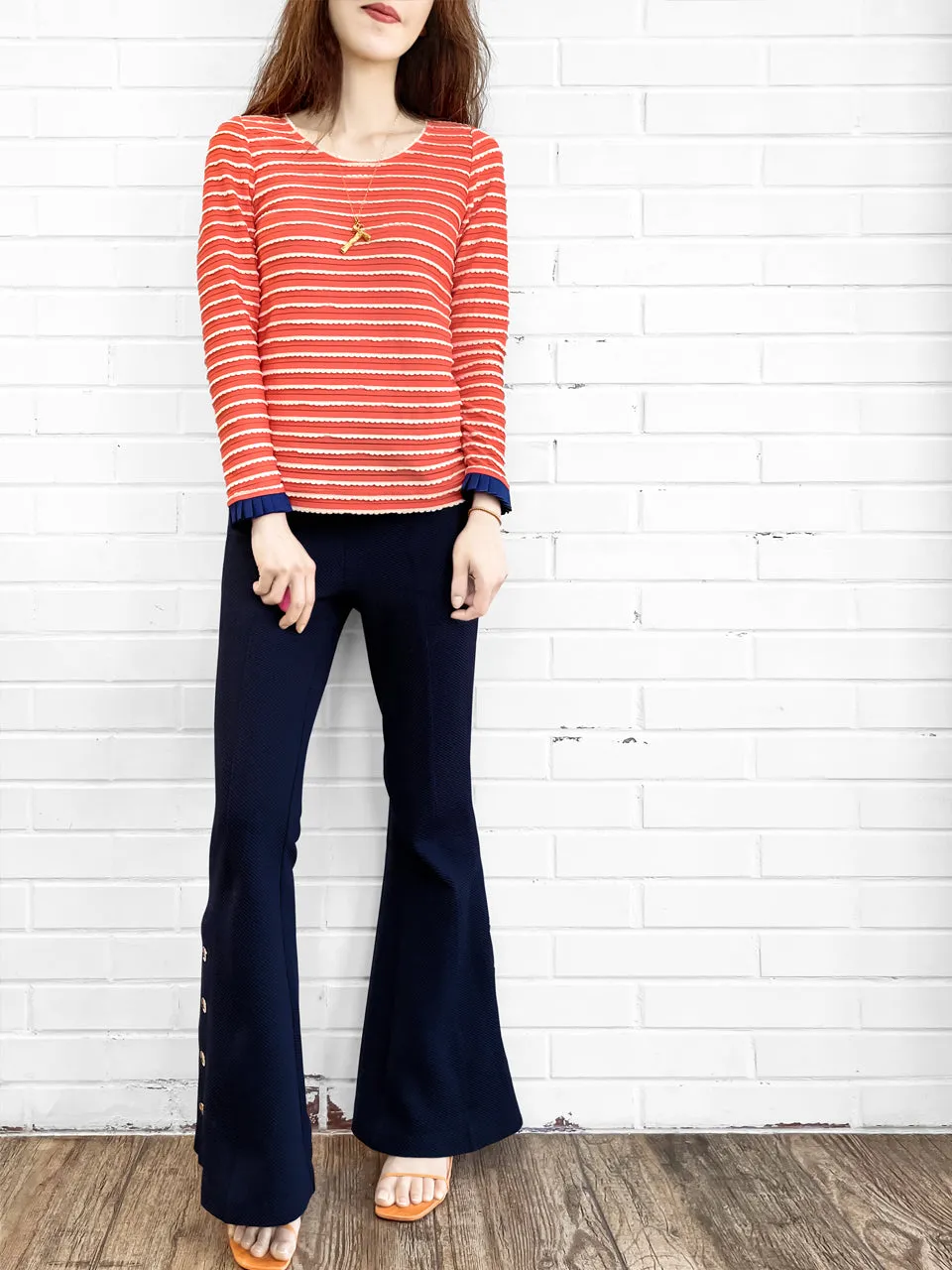 Surprise Sale! Red Orange Scalloped Stripes Contrast Ruffle Cuff Knit Top