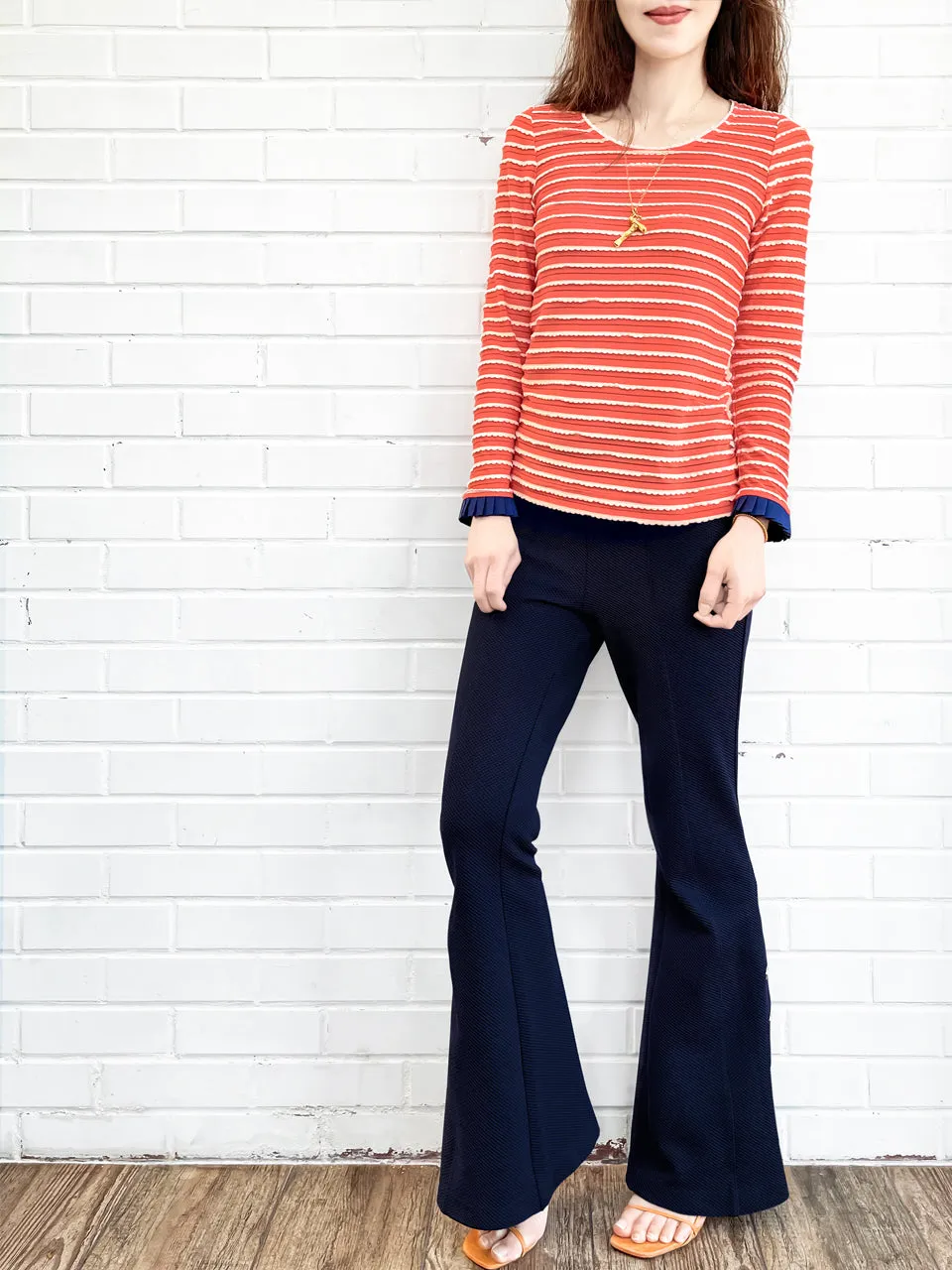 Surprise Sale! Red Orange Scalloped Stripes Contrast Ruffle Cuff Knit Top