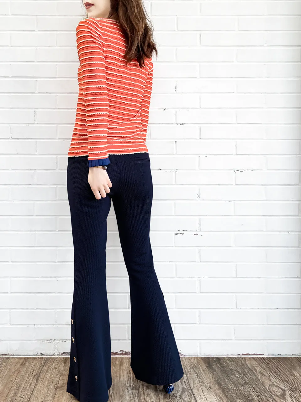 Surprise Sale! Red Orange Scalloped Stripes Contrast Ruffle Cuff Knit Top