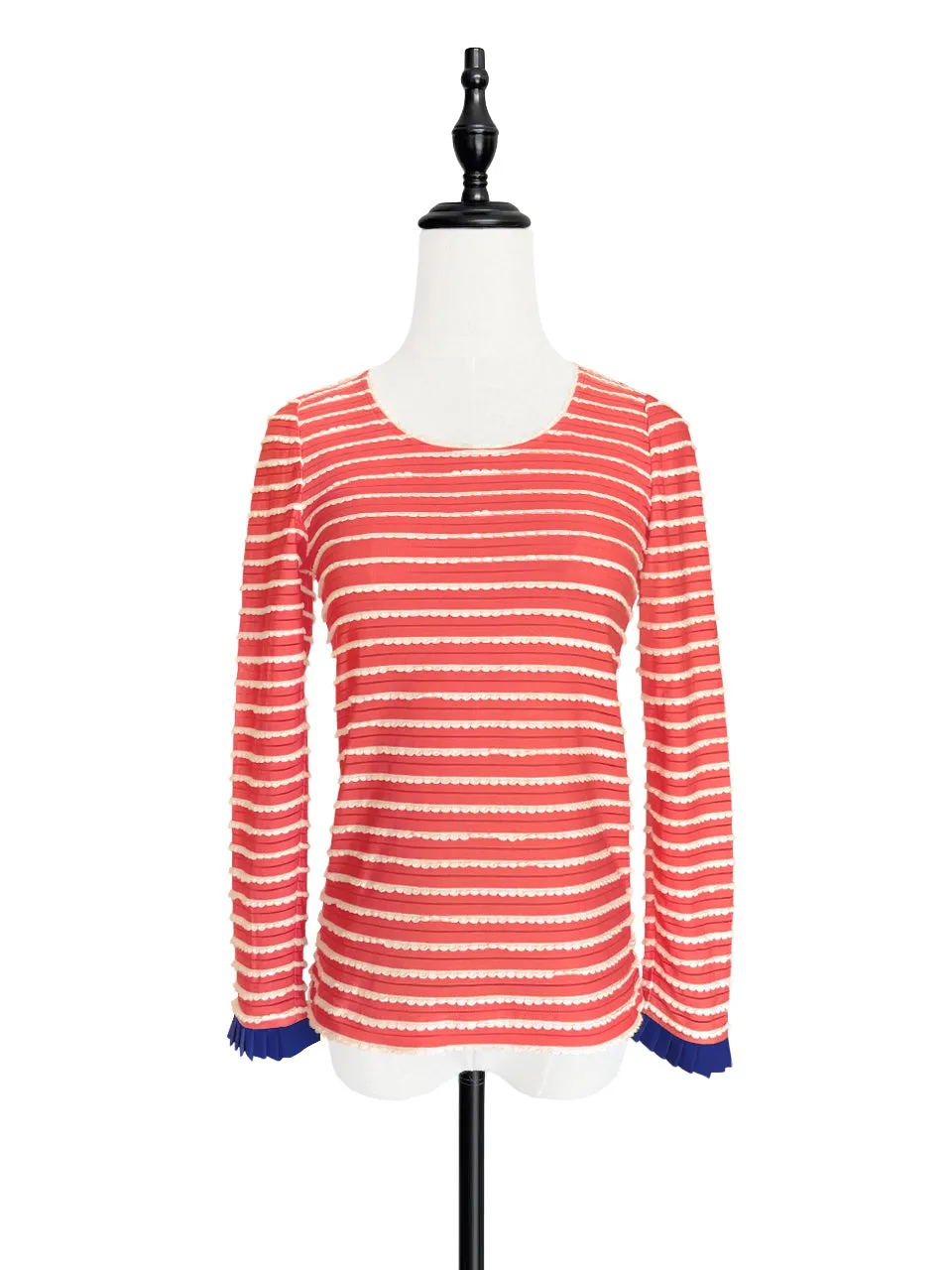 Surprise Sale! Red Orange Scalloped Stripes Contrast Ruffle Cuff Knit Top