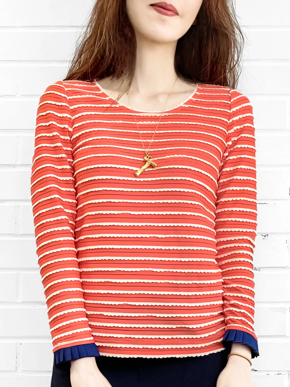 Surprise Sale! Red Orange Scalloped Stripes Contrast Ruffle Cuff Knit Top