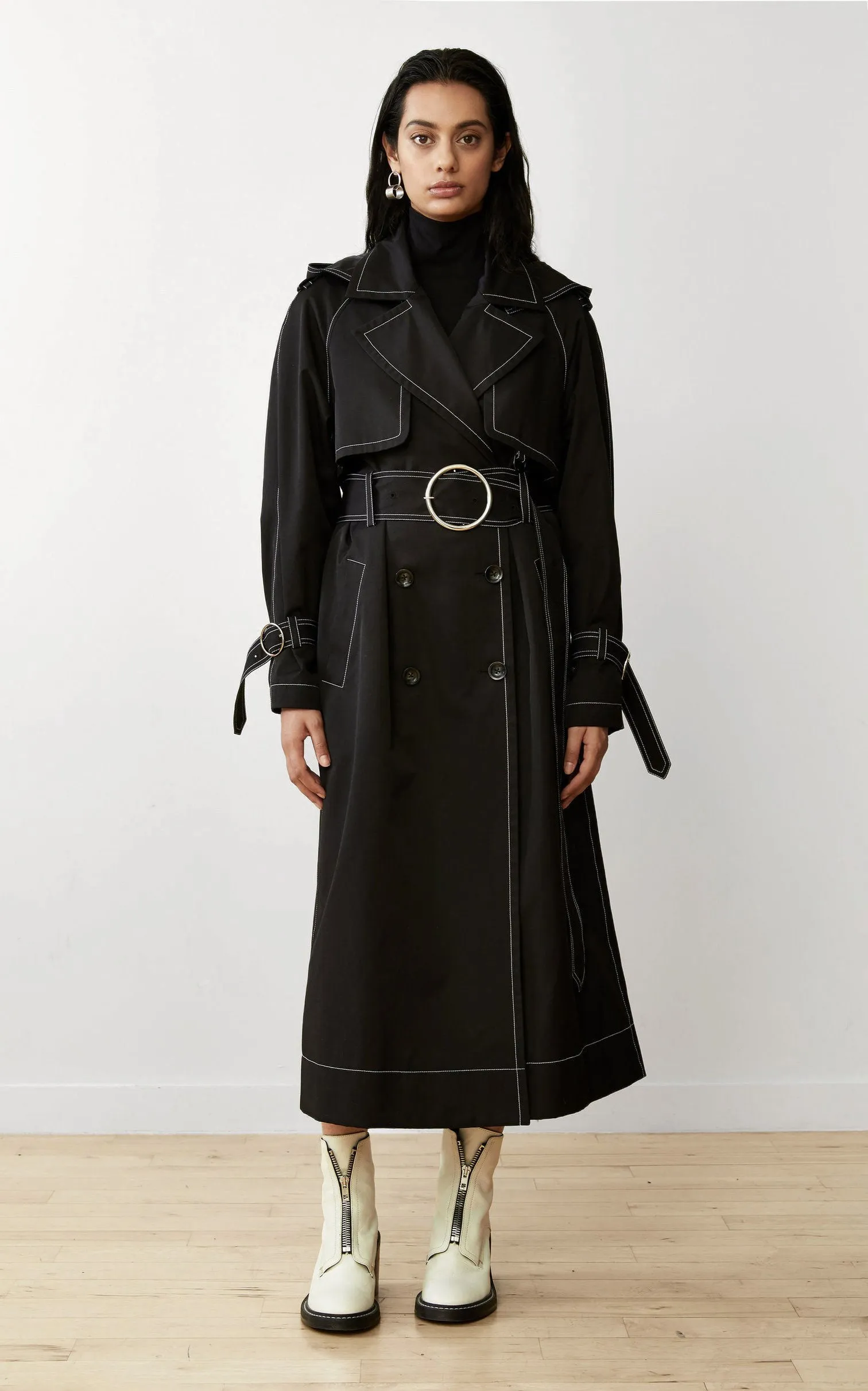 SUSTAINABLE CONTRAST STITCH BLACK TRENCH COAT