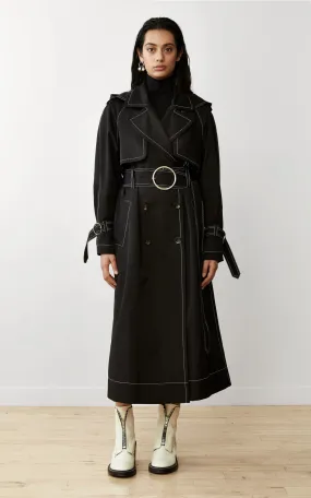 SUSTAINABLE CONTRAST STITCH BLACK TRENCH COAT