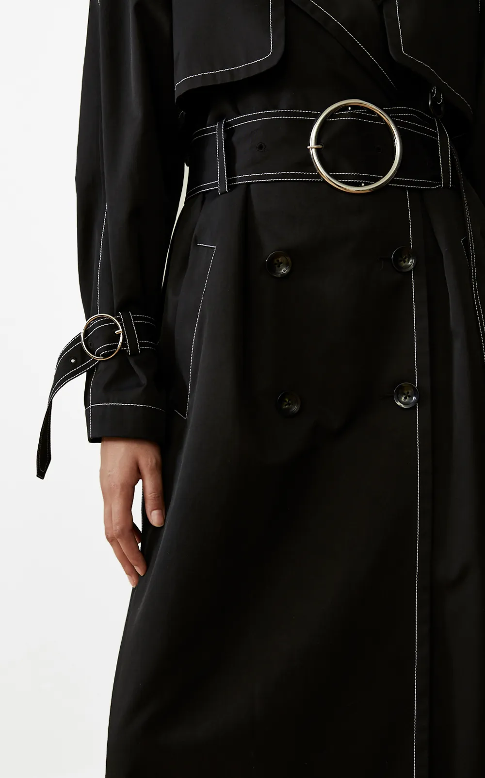 SUSTAINABLE CONTRAST STITCH BLACK TRENCH COAT