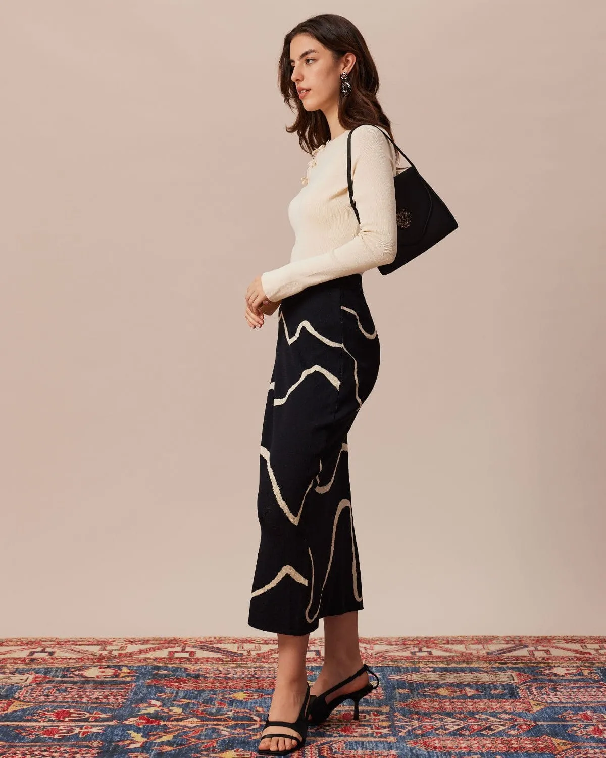 The Black Colorblock Wave Knit Midi Skirt