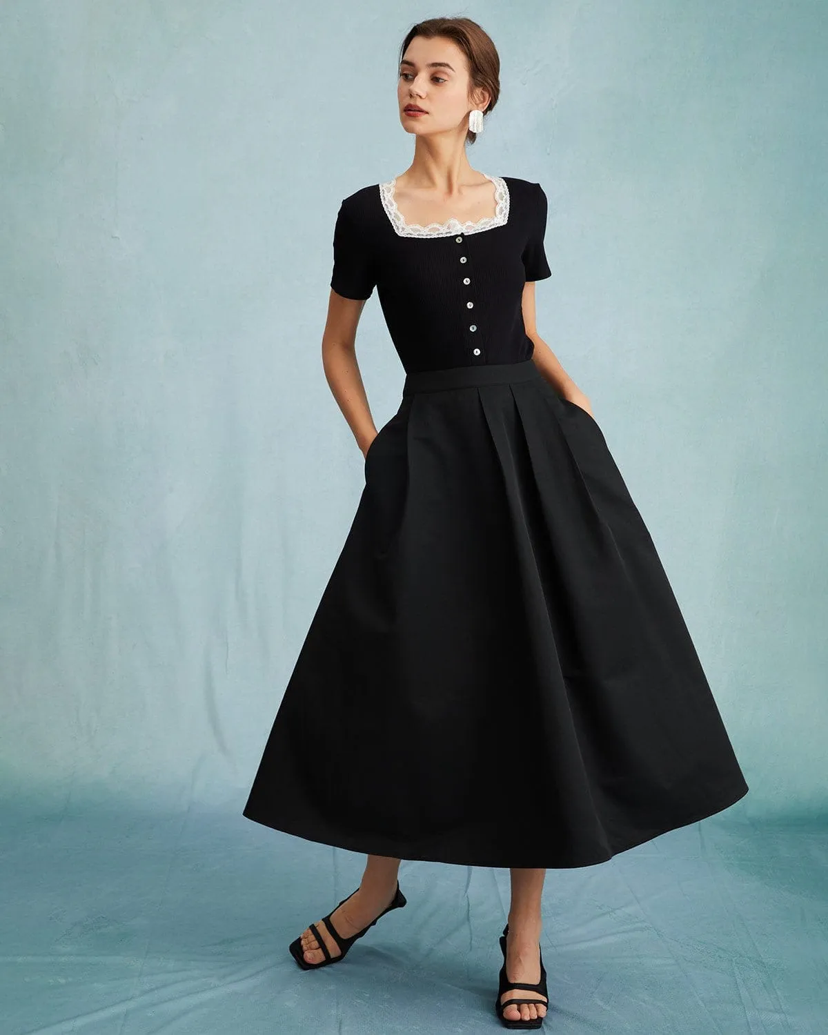 The Black High Waisted Pleated Midi Skirt