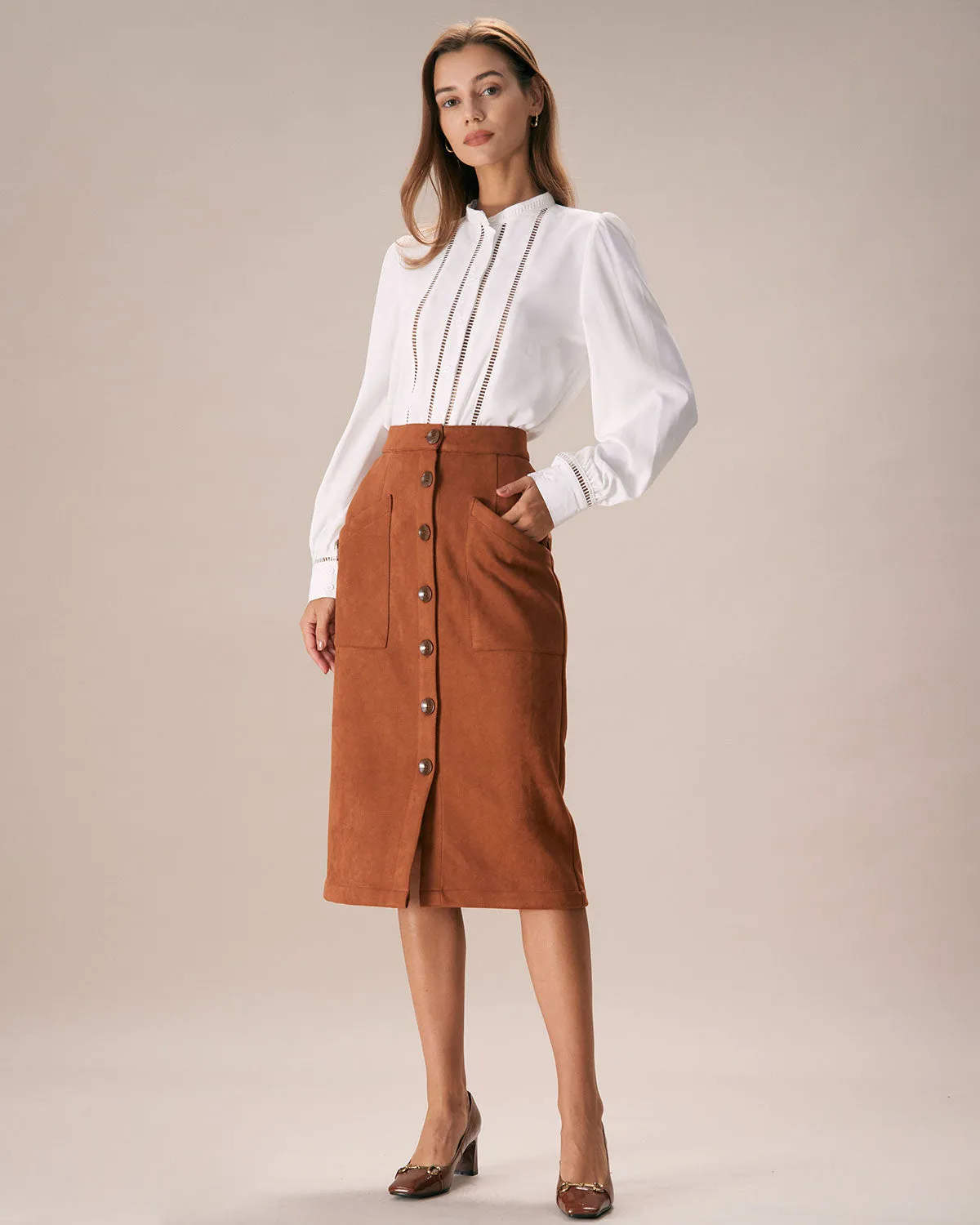 The Brown Suede Single Breasted Midi Skirt