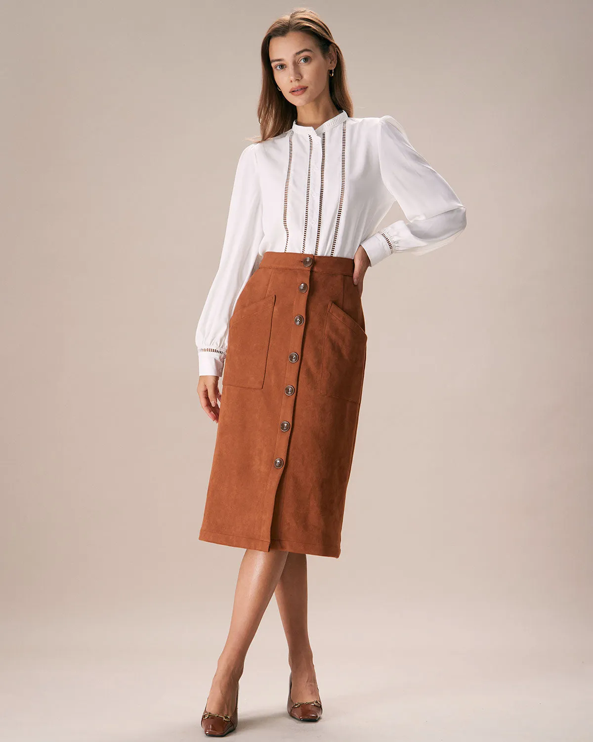 The Brown Suede Single Breasted Midi Skirt