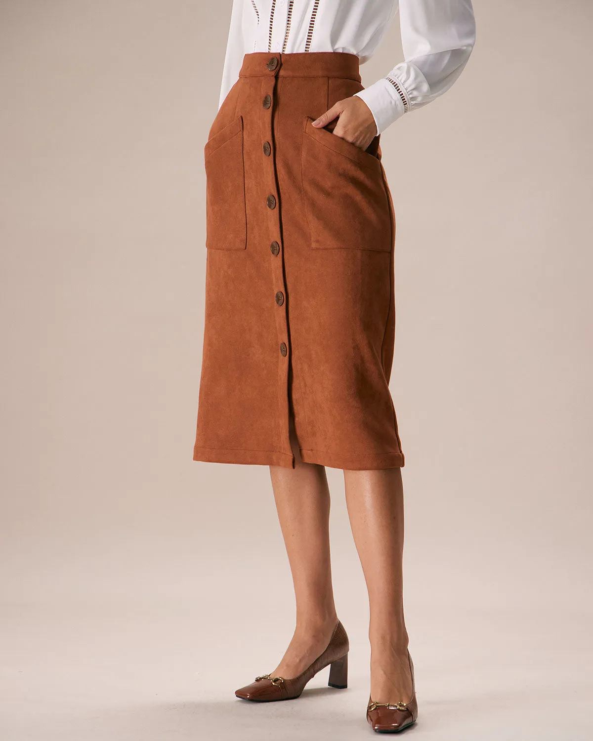 The Brown Suede Single Breasted Midi Skirt