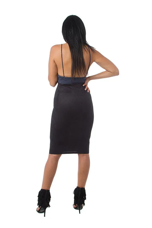 THE MYSTYLEMODE BLACK SUEDE DOUBLE LINED MIDI SKIRT