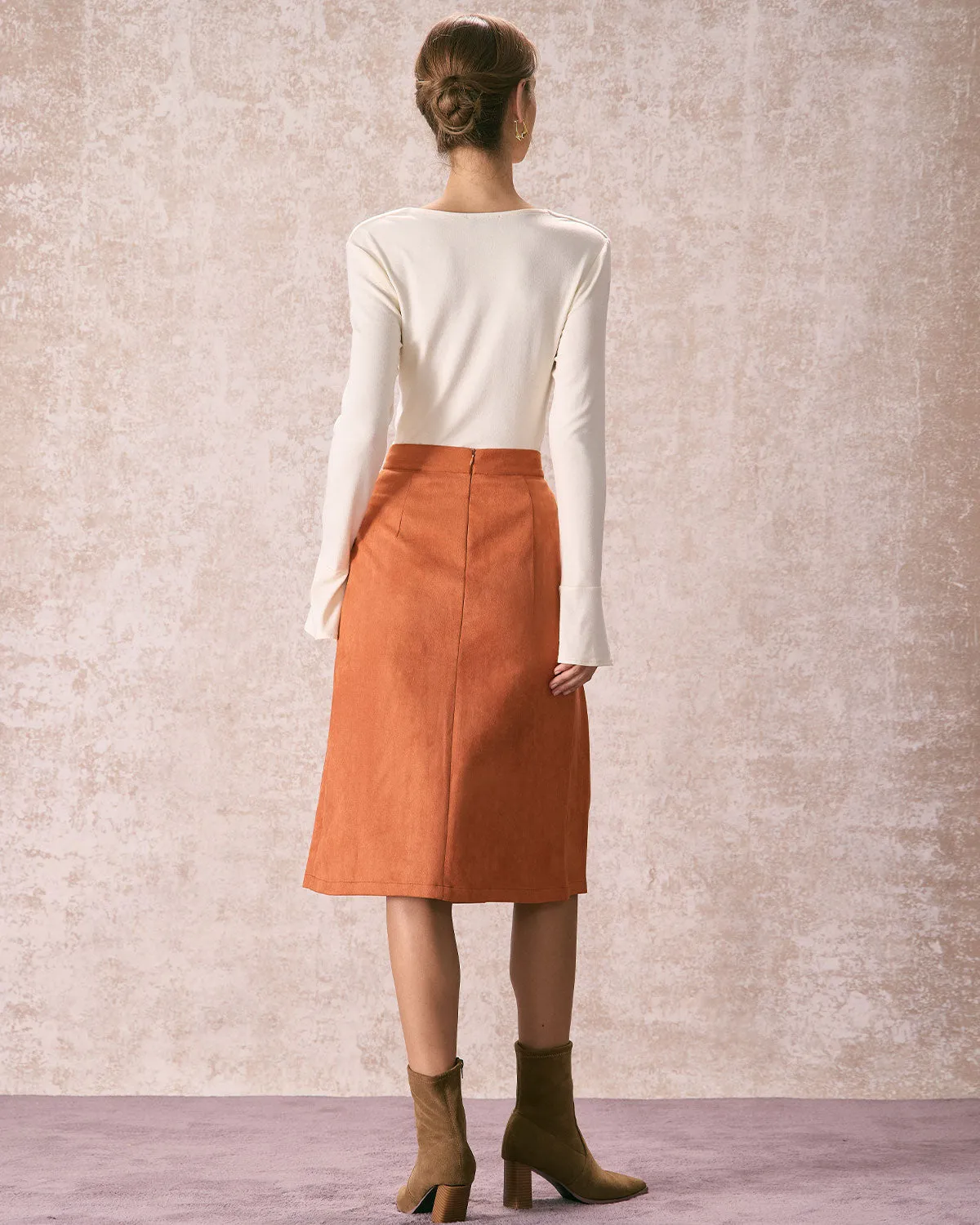 The Orange High Waisted Suede Midi Skirt