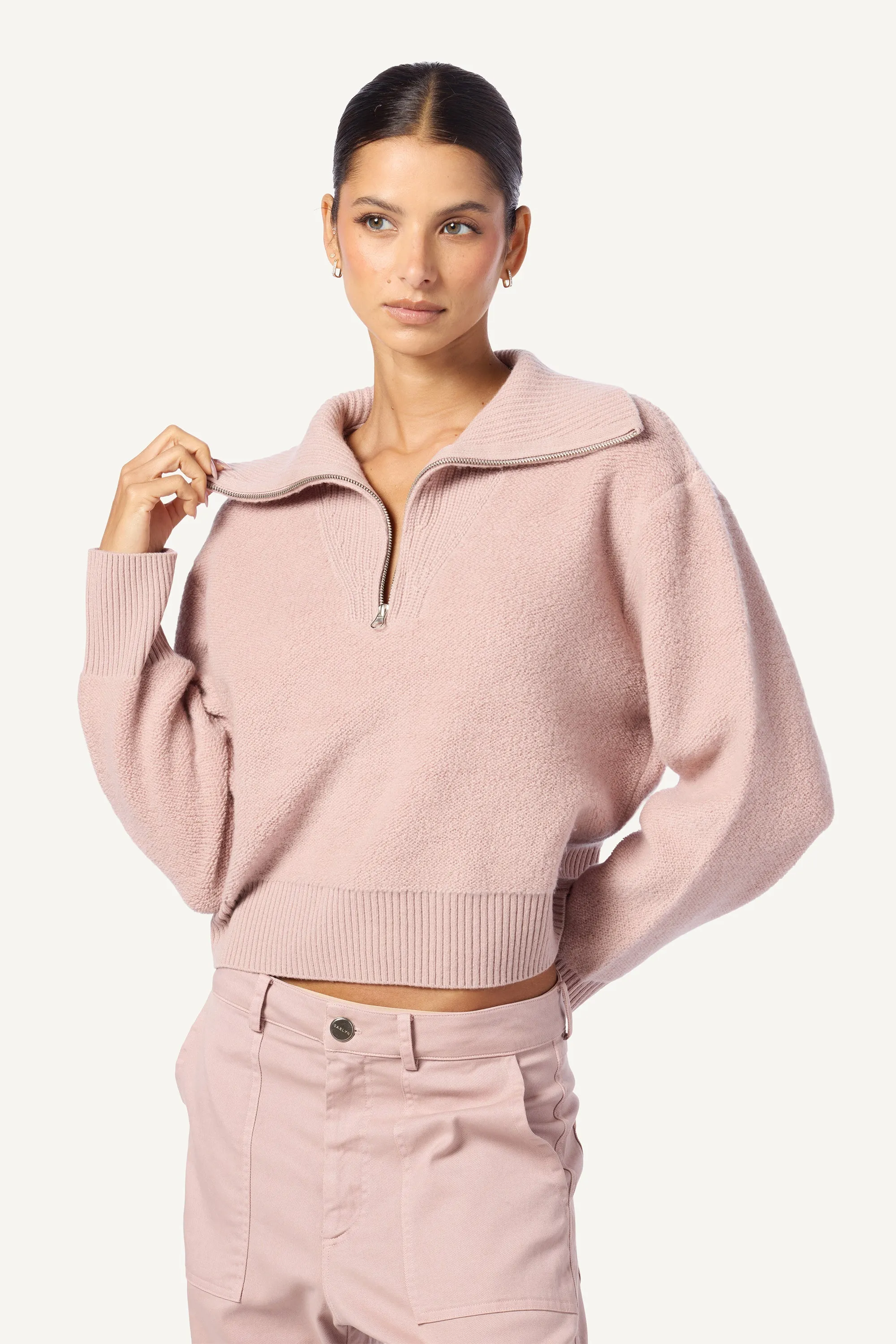 TINSLEY HALF ZIP CASHMERE PULLOVER | ADOBE ROSE