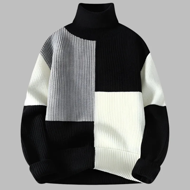 Turtleneck Patchwork Sweater: Knitted Men's Pullover Warm Casual Knit