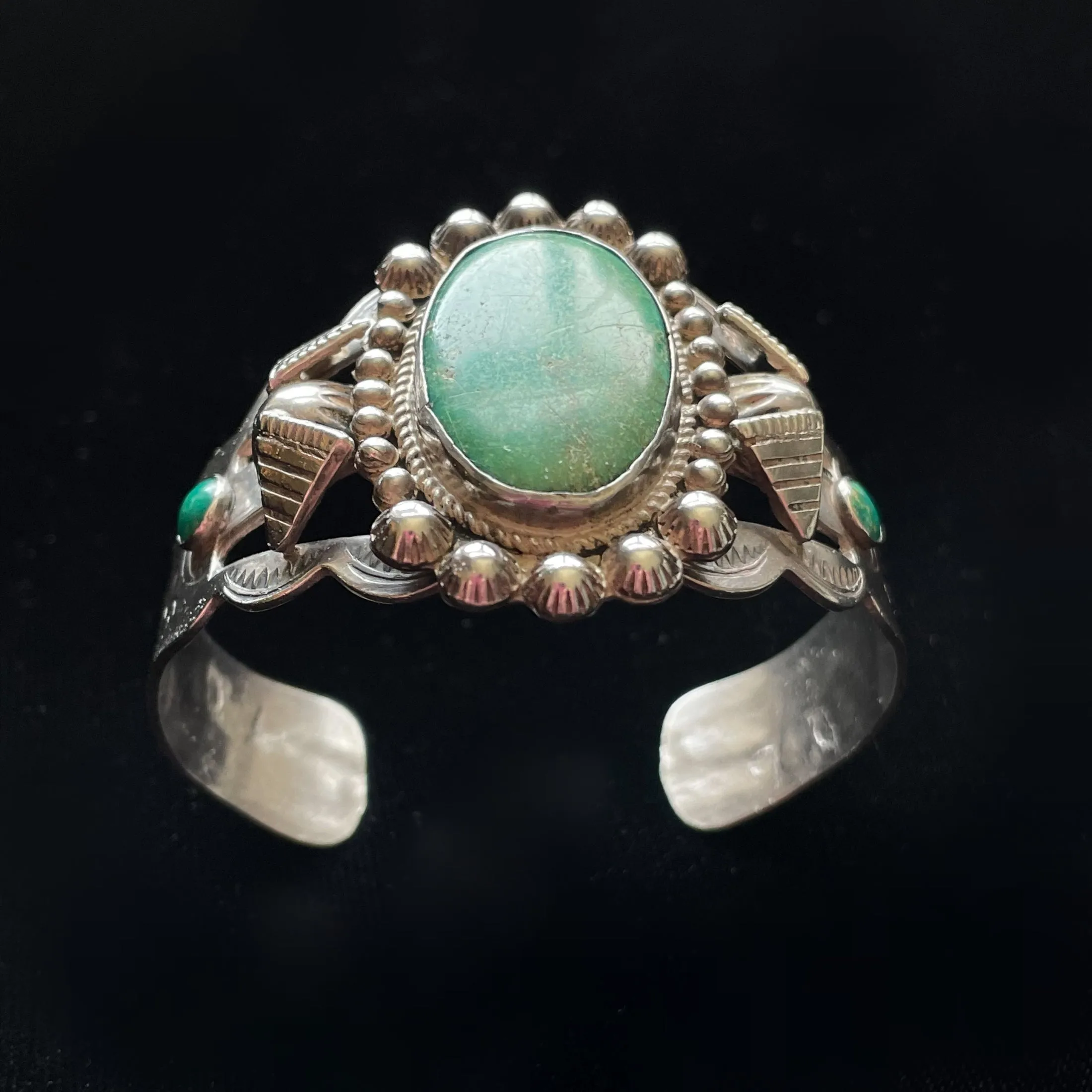 Vintage 30s/40s Sterling Silver Green Turquoise Bracelet, Thunderbird Stamped Fred Harvey Era Cuff