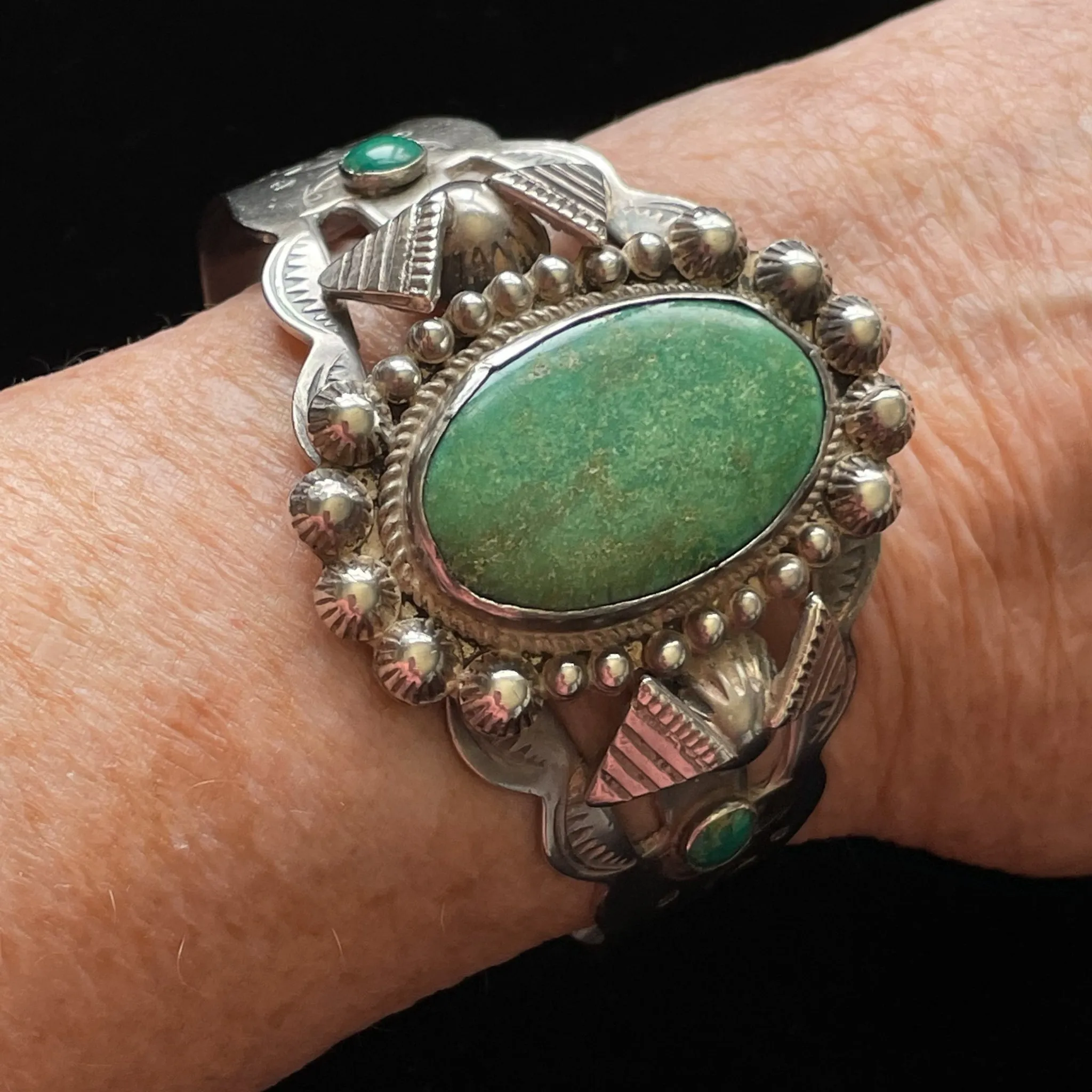 Vintage 30s/40s Sterling Silver Green Turquoise Bracelet, Thunderbird Stamped Fred Harvey Era Cuff