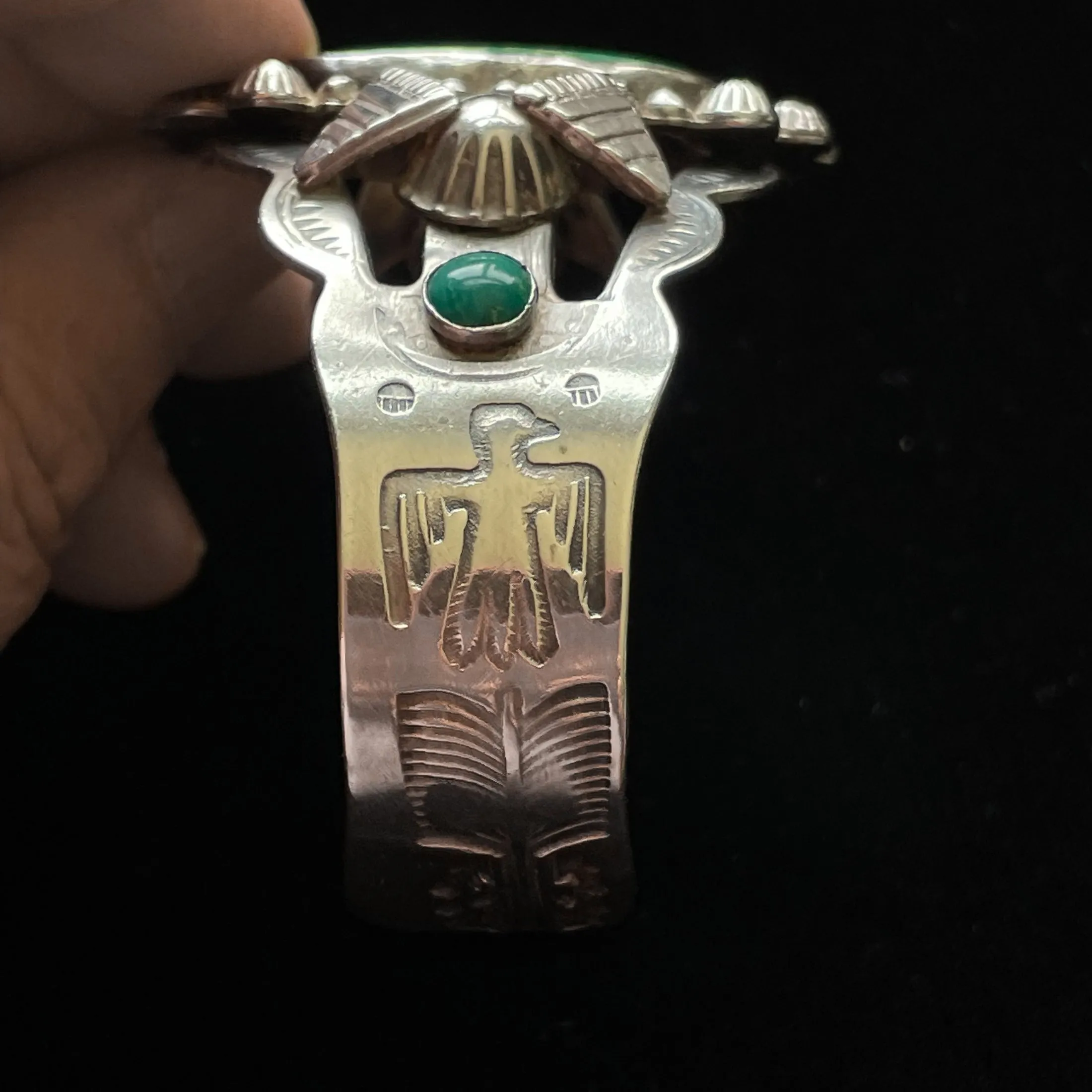 Vintage 30s/40s Sterling Silver Green Turquoise Bracelet, Thunderbird Stamped Fred Harvey Era Cuff