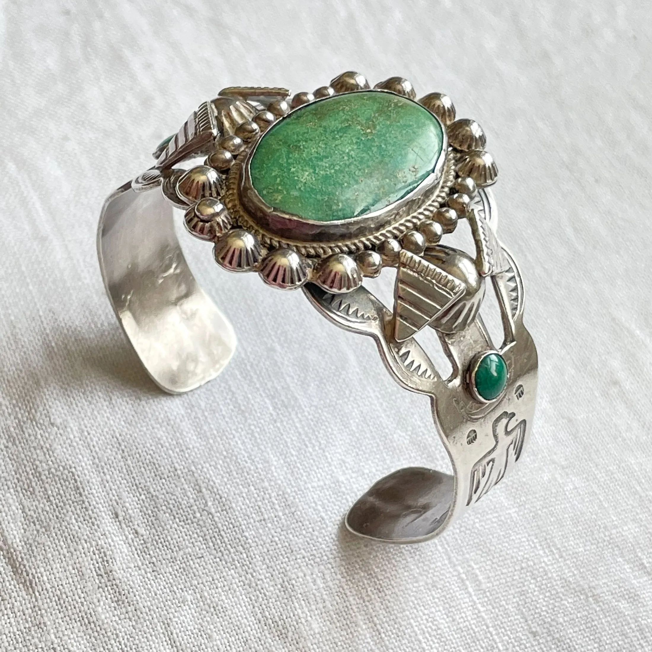 Vintage 30s/40s Sterling Silver Green Turquoise Bracelet, Thunderbird Stamped Fred Harvey Era Cuff