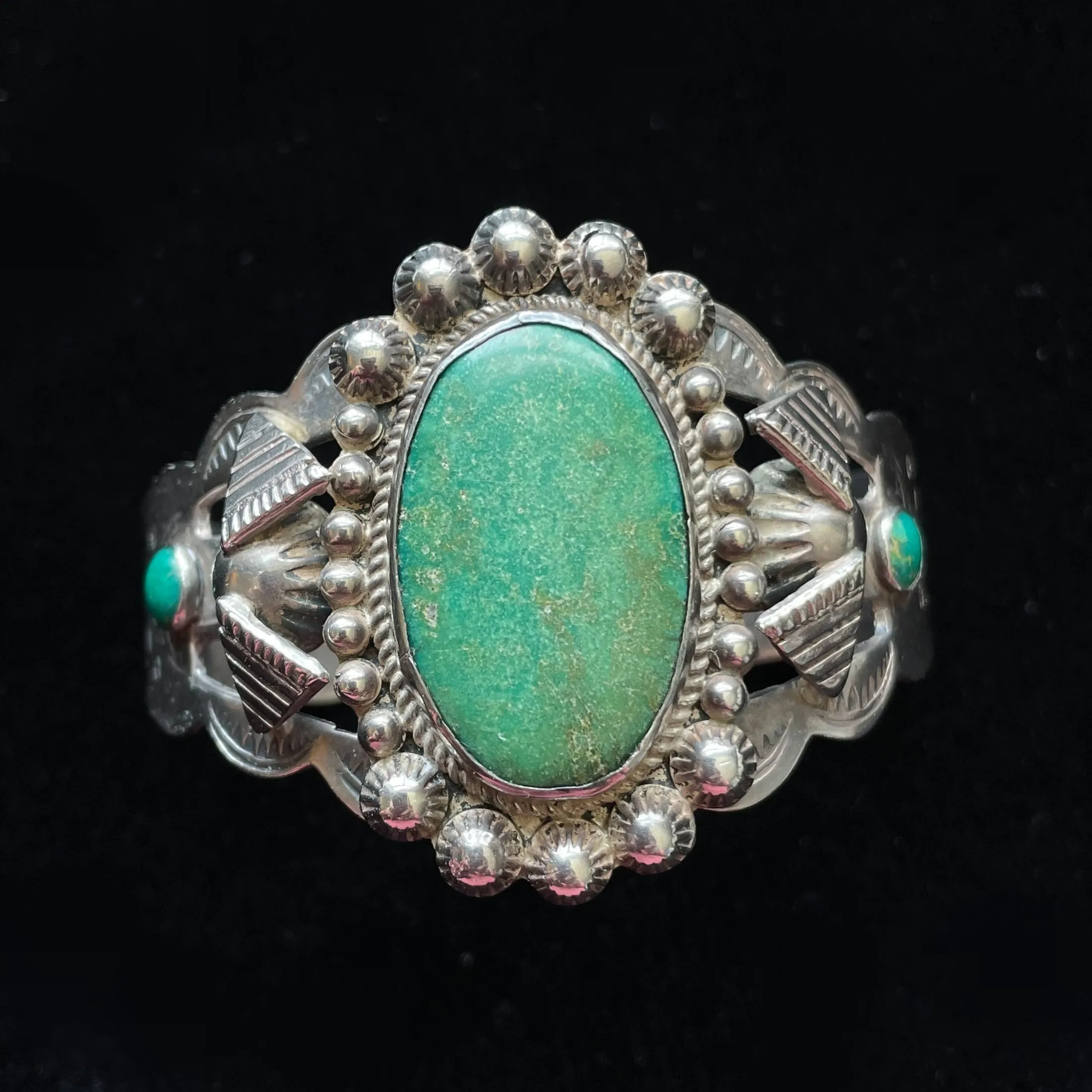 Vintage 30s/40s Sterling Silver Green Turquoise Bracelet, Thunderbird Stamped Fred Harvey Era Cuff