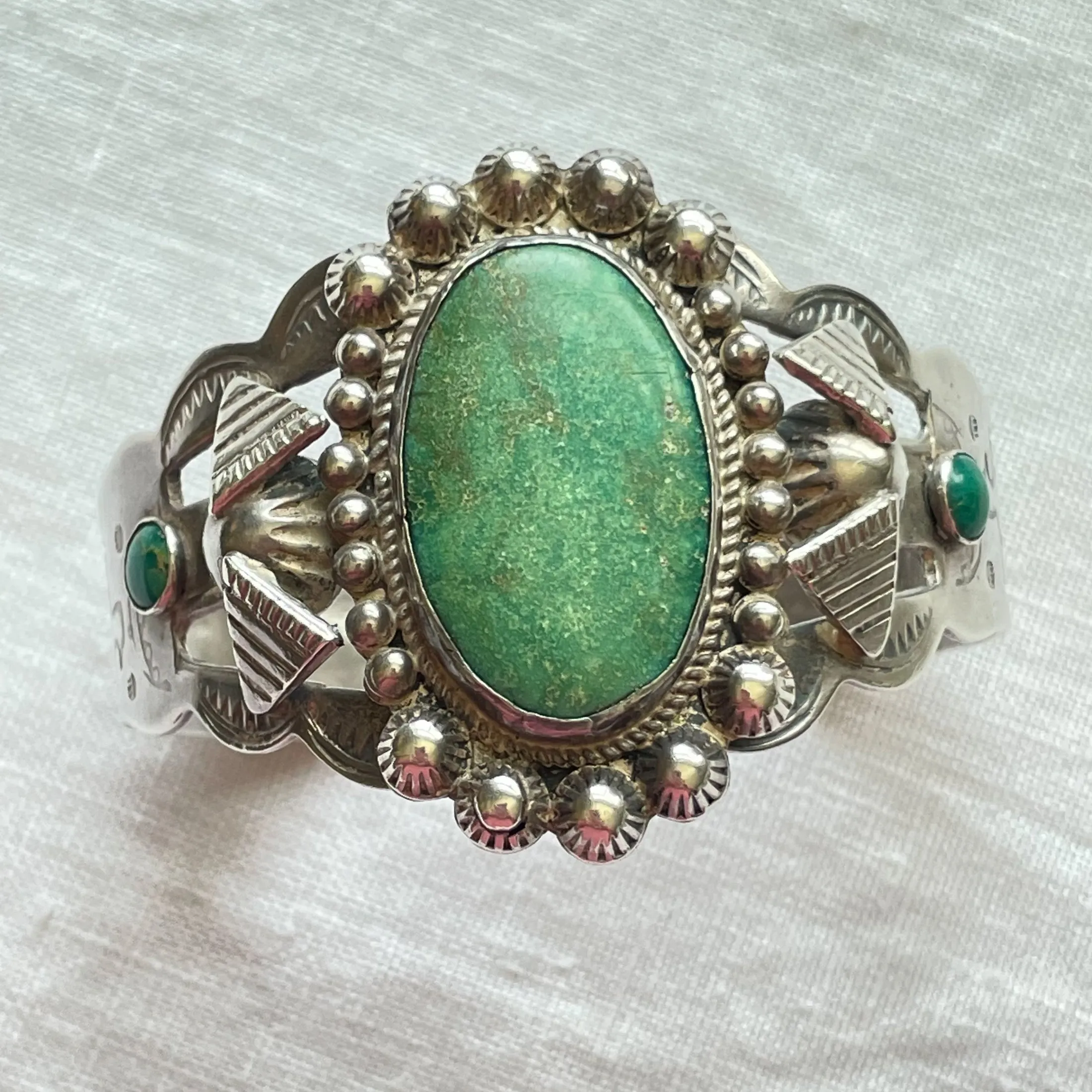 Vintage 30s/40s Sterling Silver Green Turquoise Bracelet, Thunderbird Stamped Fred Harvey Era Cuff