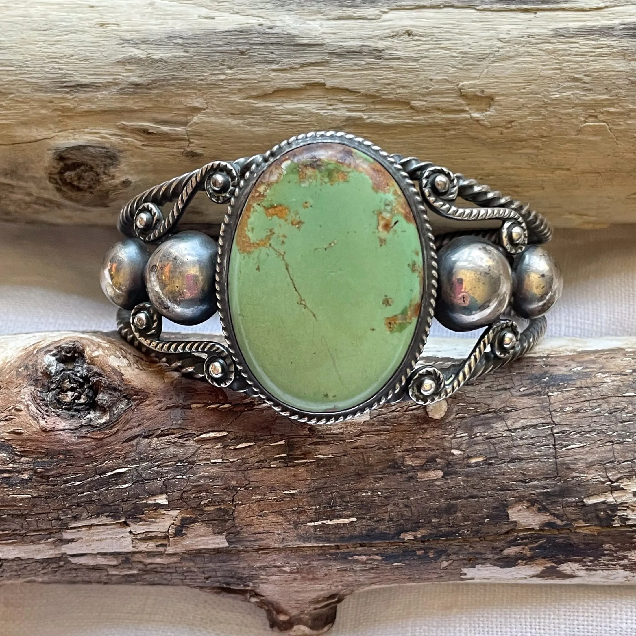 Vintage 40s Sterling Silver Green Turquoise Cuff Bracelet, Southwestern