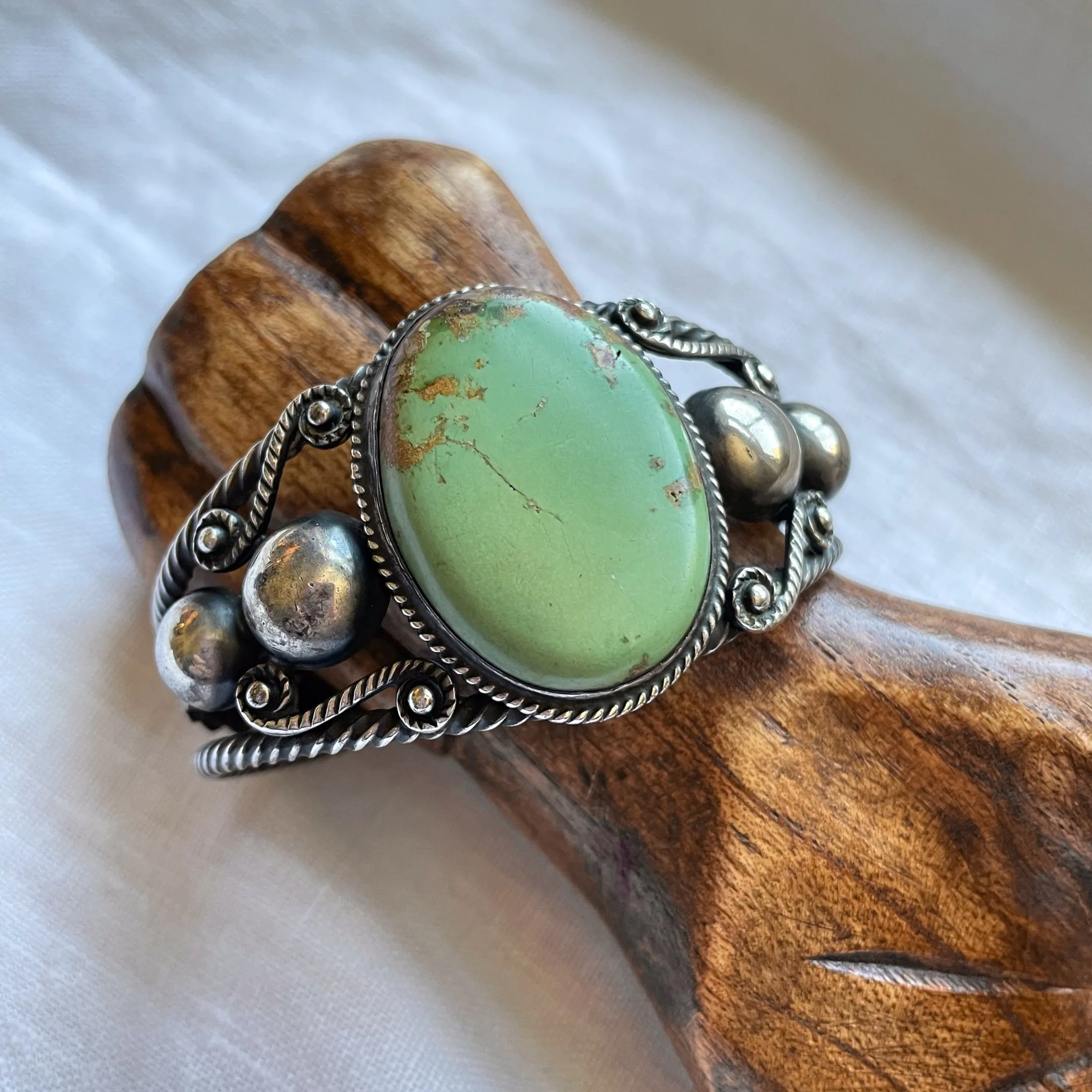 Vintage 40s Sterling Silver Green Turquoise Cuff Bracelet, Southwestern