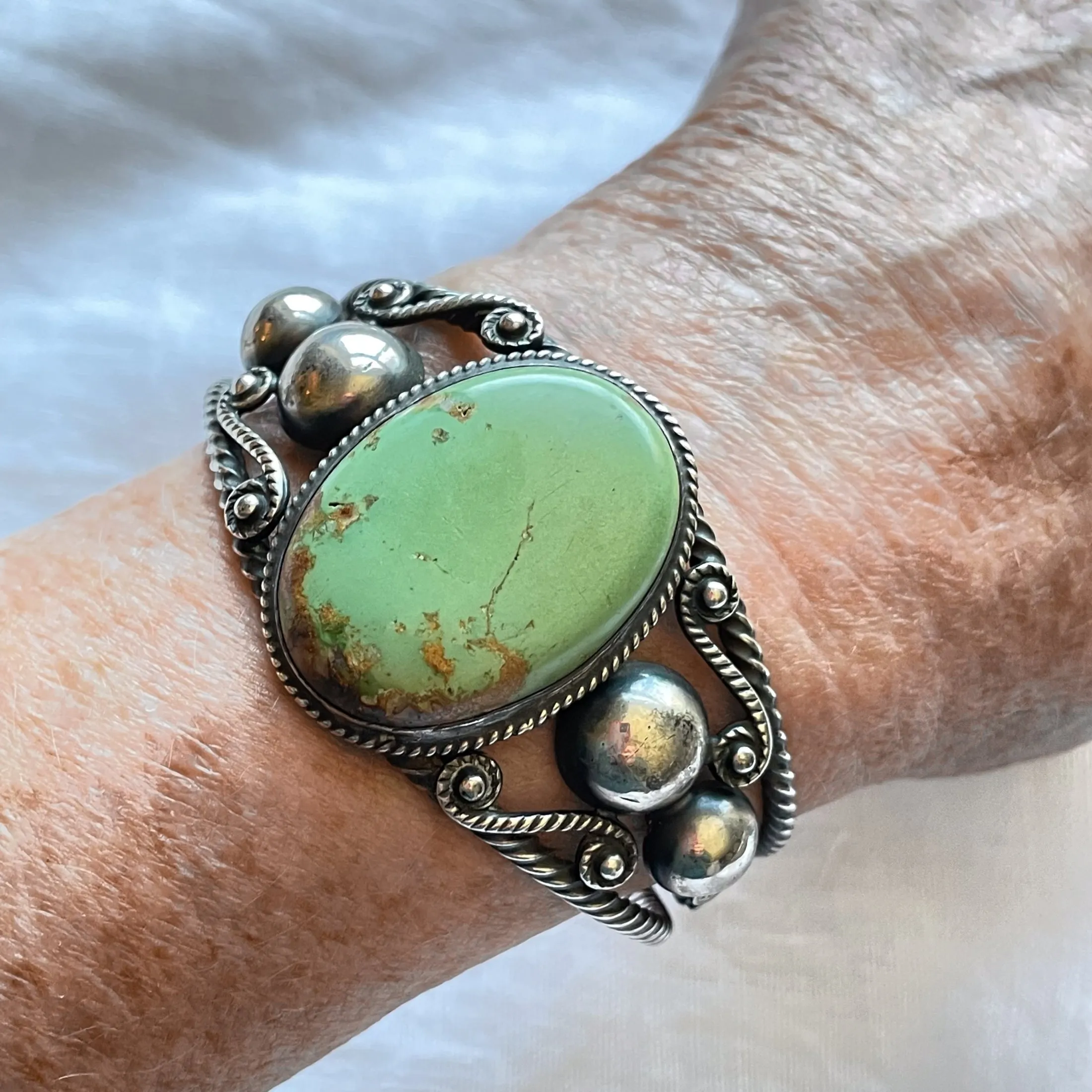 Vintage 40s Sterling Silver Green Turquoise Cuff Bracelet, Southwestern