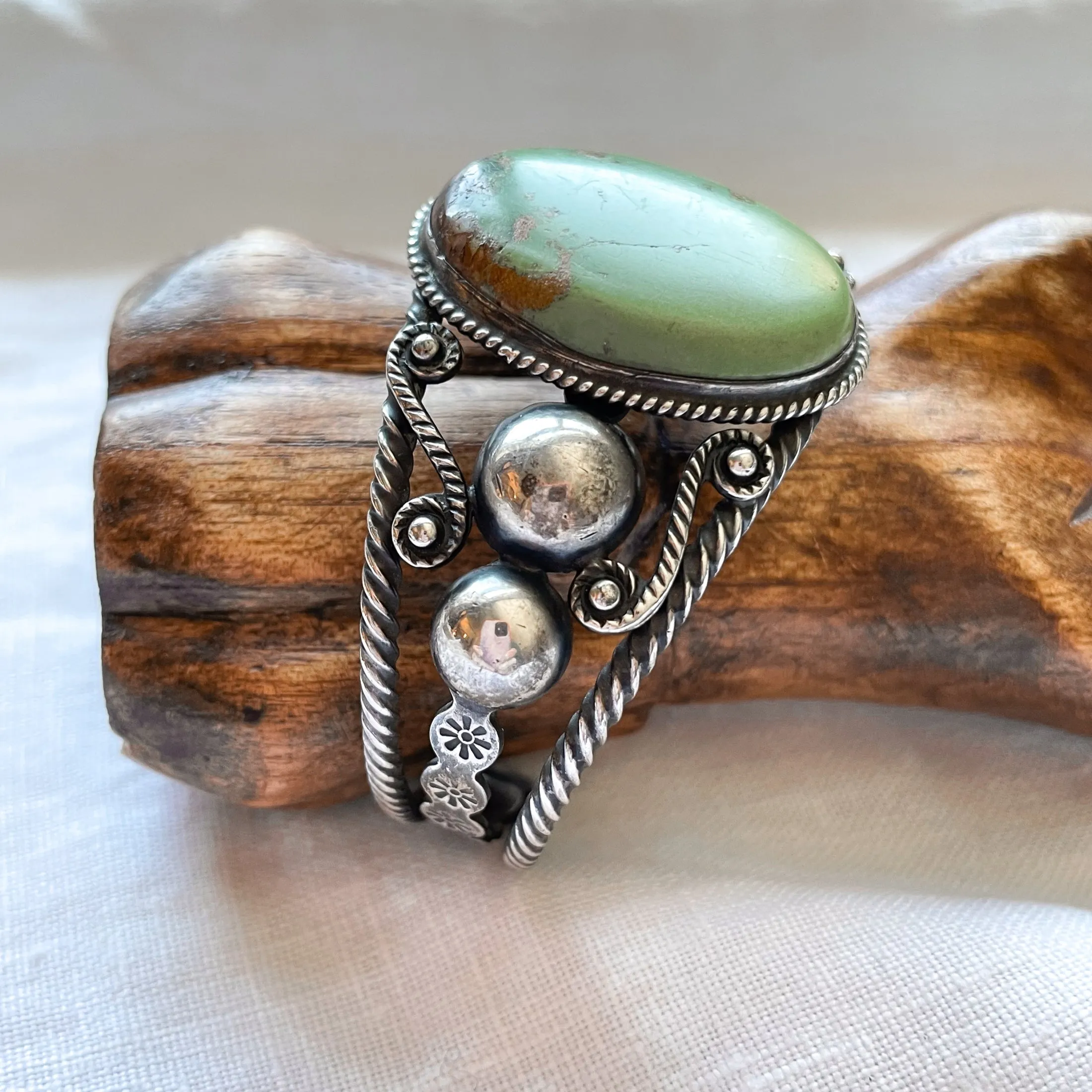 Vintage 40s Sterling Silver Green Turquoise Cuff Bracelet, Southwestern