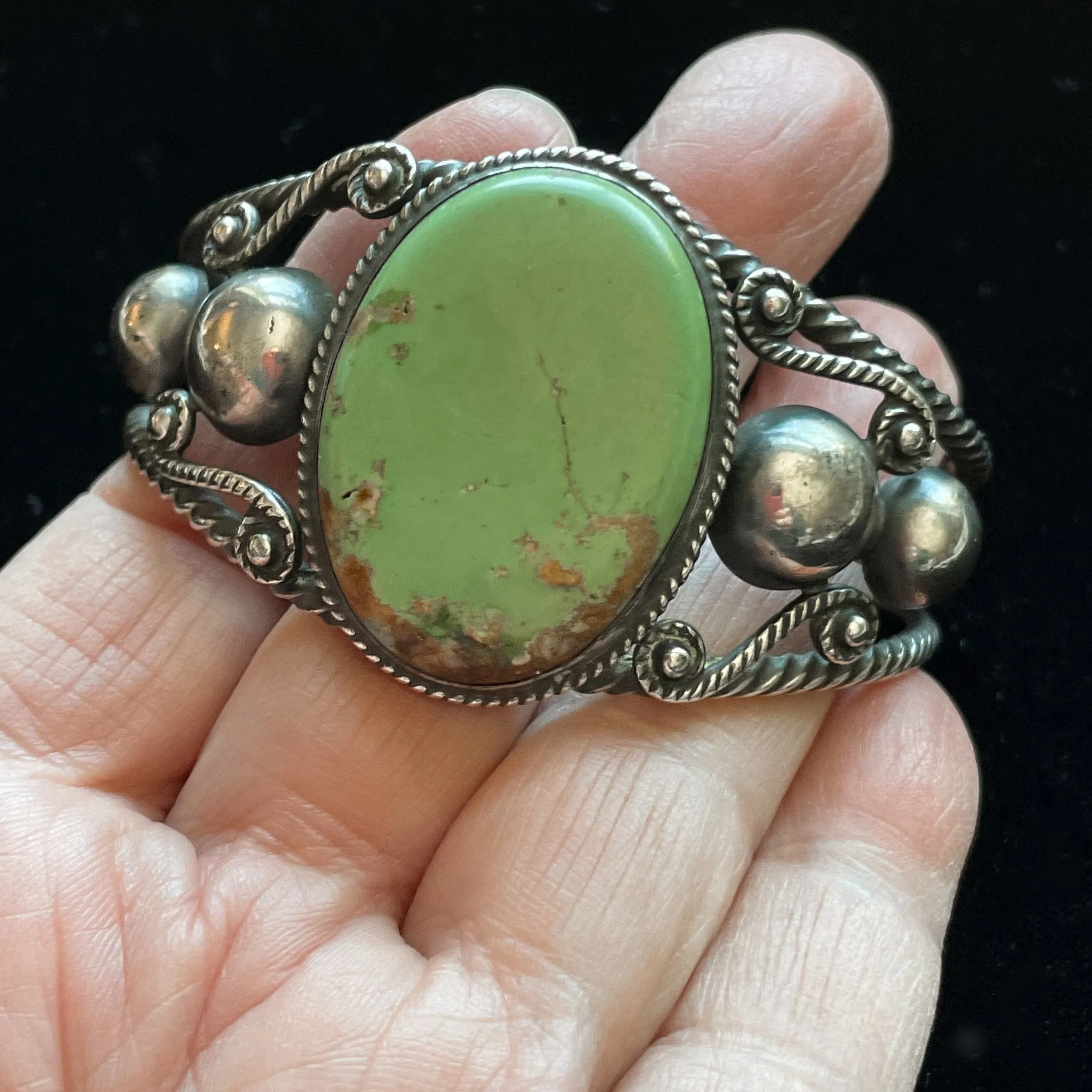 Vintage 40s Sterling Silver Green Turquoise Cuff Bracelet, Southwestern