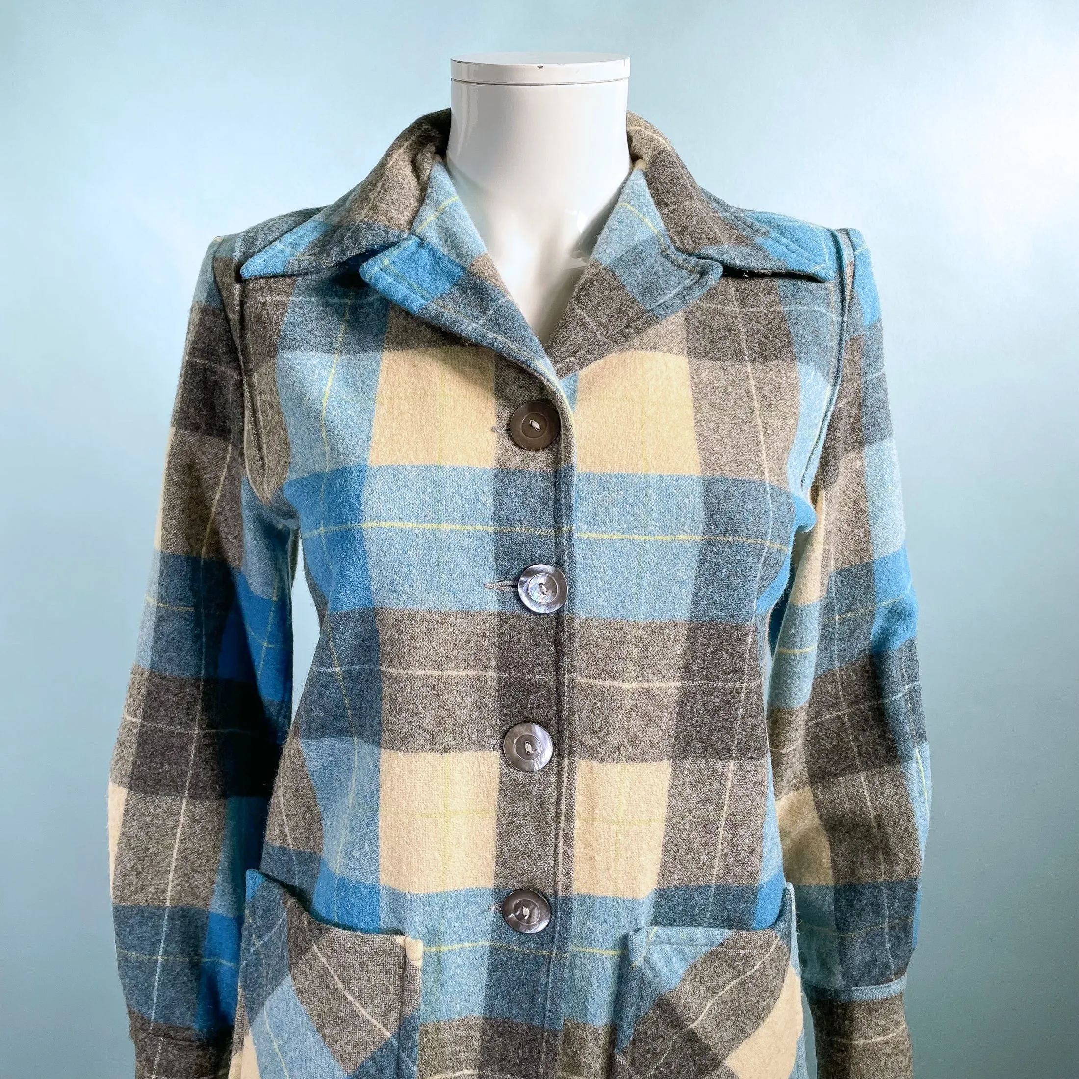 Vintage 40s/50s Wool 49er Jacket, Blue/Cream Grey Plaid XS/P