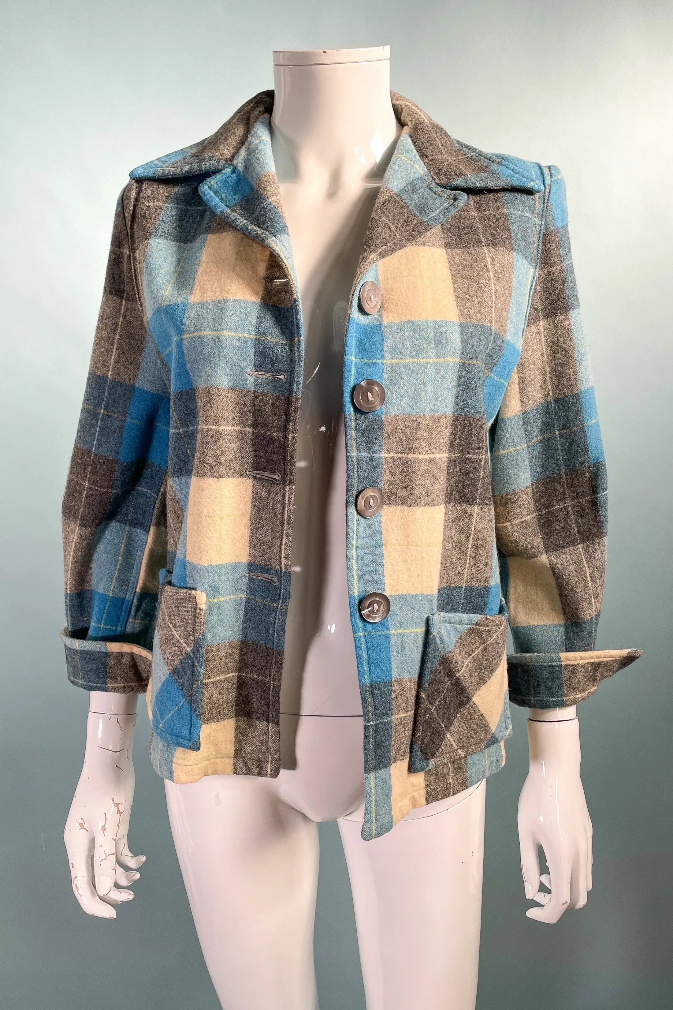 Vintage 40s/50s Wool 49er Jacket, Blue/Cream Grey Plaid XS/P